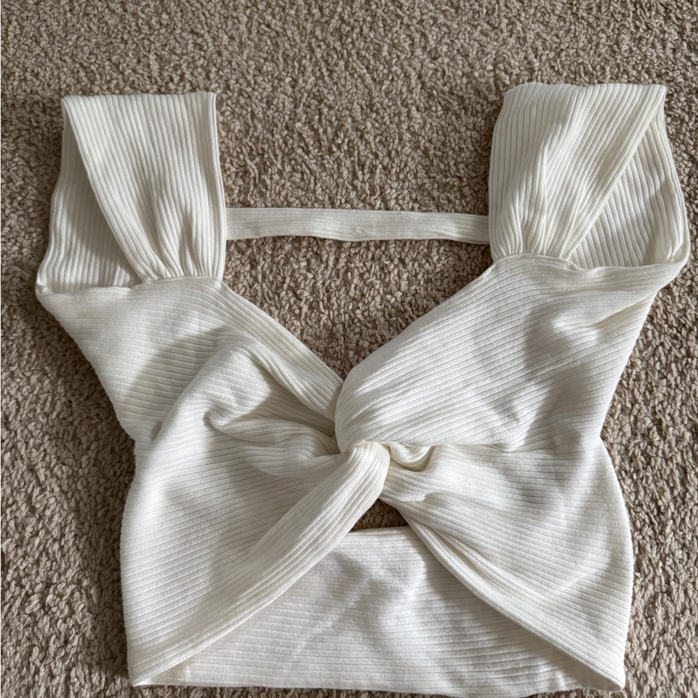 SHEIN Cream Ribbed Twist Front Crop Top